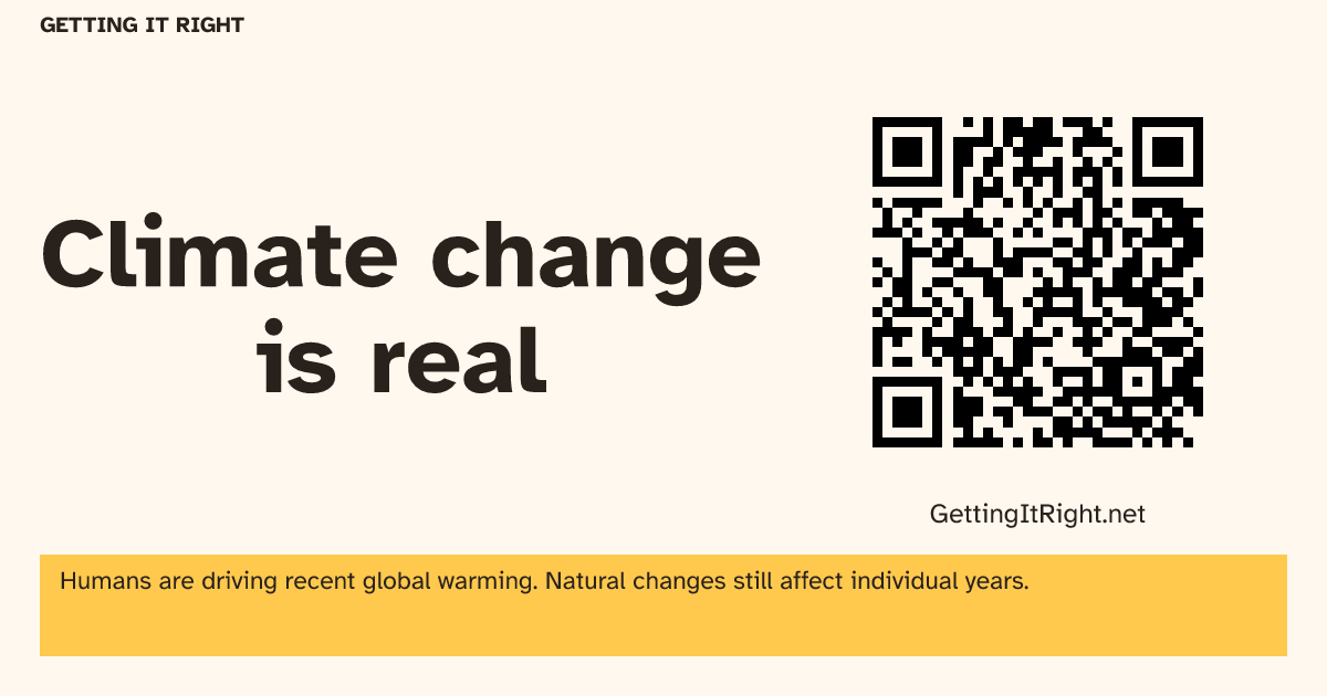 Climate change is real — Wide image artwork with its topic QR code.