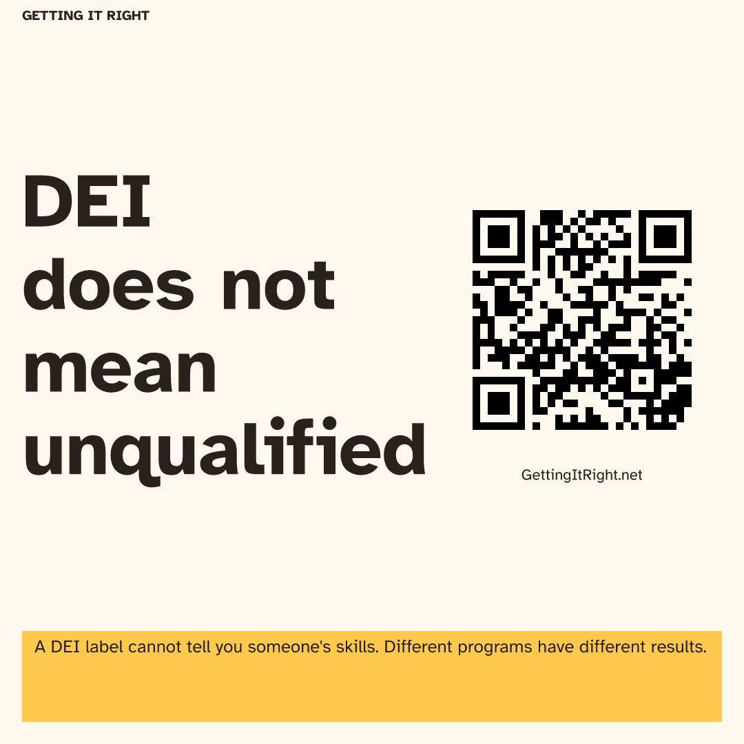 DEI does not mean unqualified — Square image artwork with its topic QR code.