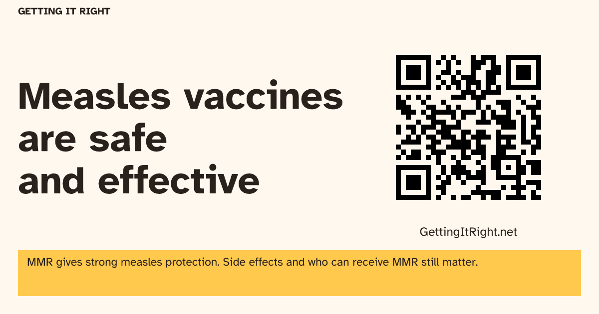 Measles vaccines are safe and effective — Wide image artwork with its topic QR code.