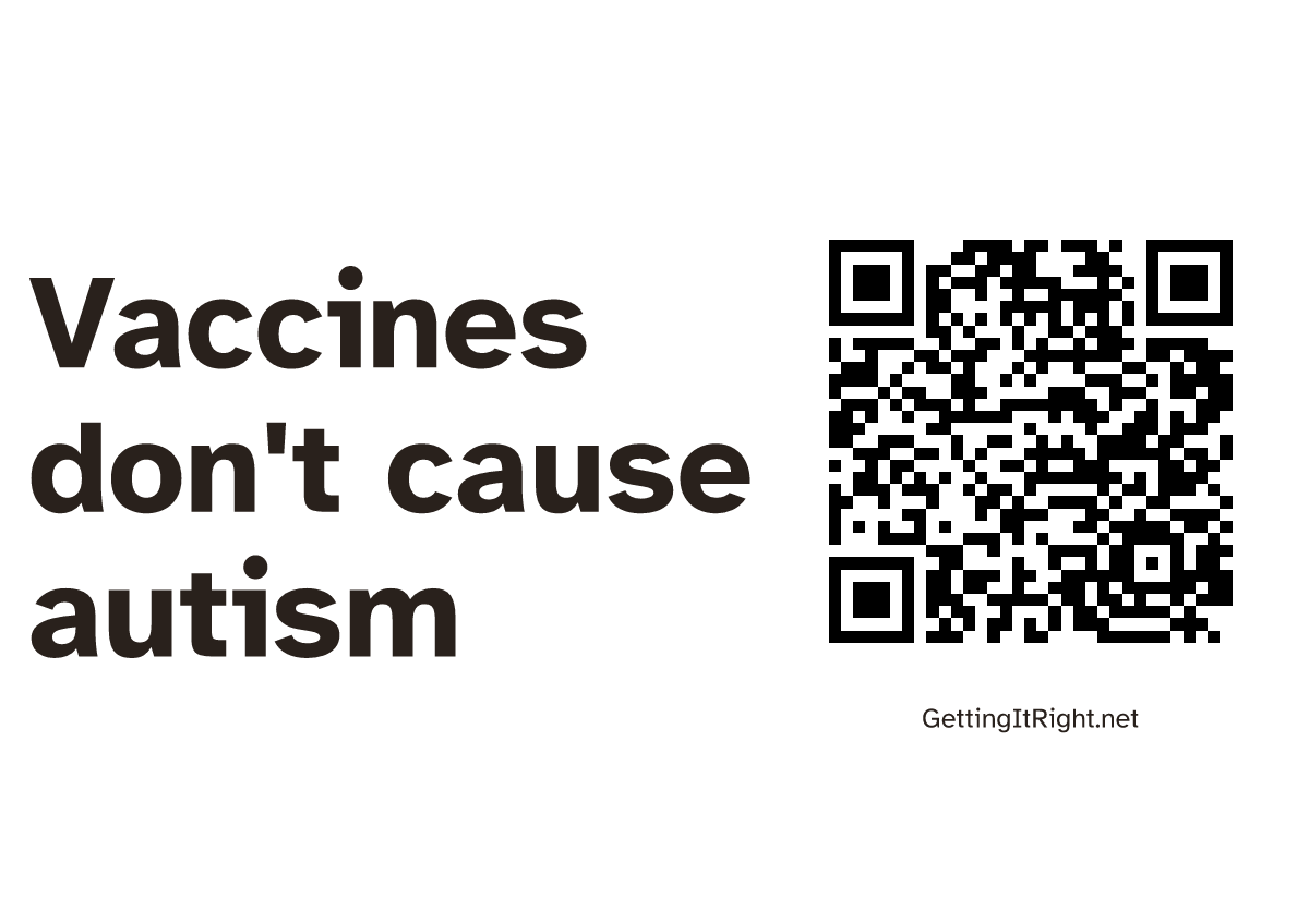 Vaccines don't cause autism — A4 print artwork with its topic QR code.