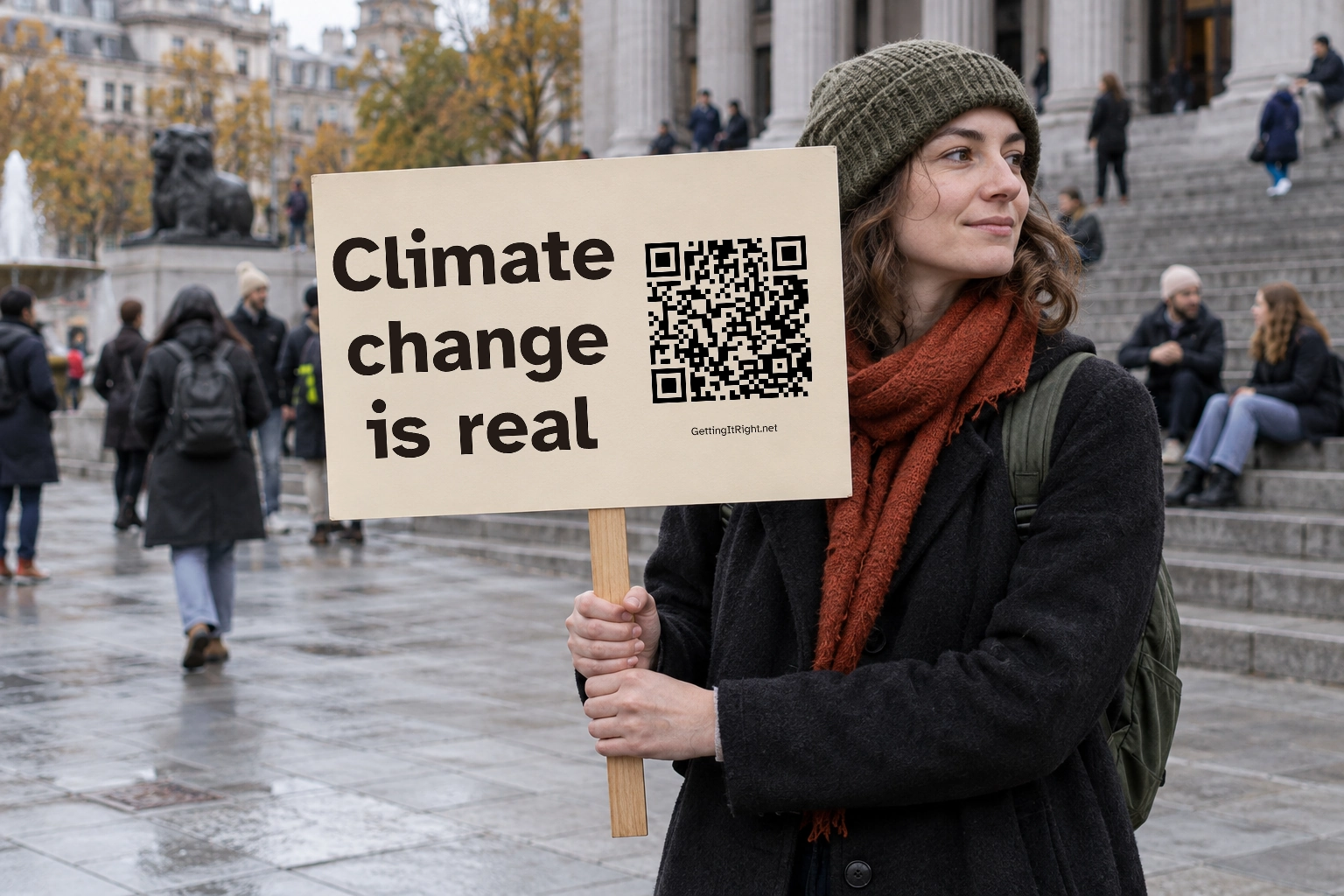 Climate change is real — A sign carried during an everyday street scene.