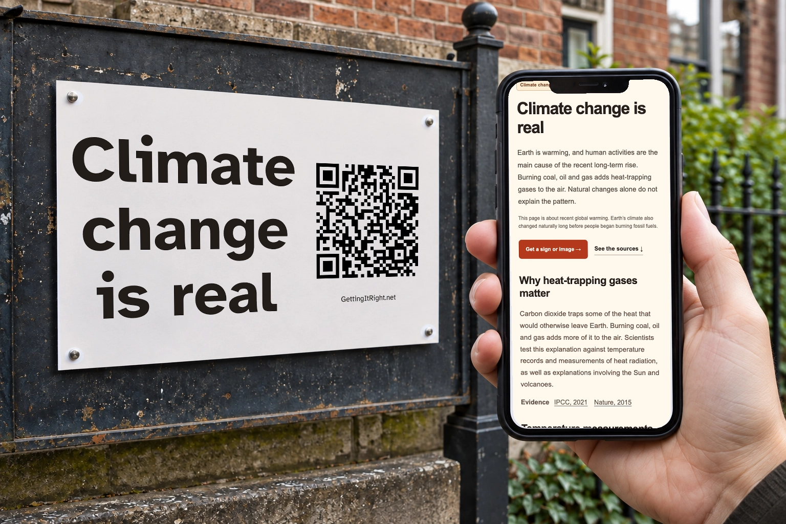 A phone shows the actual climate evidence beside a public sign and its genuine QR code; an illustrative urban scene.